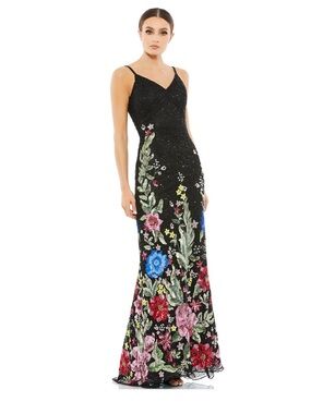 Mac Duggal 5475 Black Floral Embellished Spaghetti Strap Gown Size 14 NWT